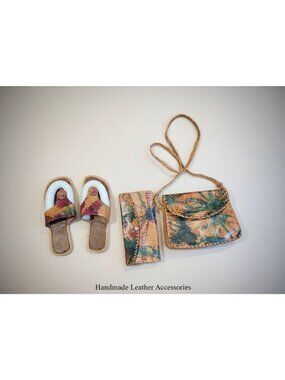 Handcrafted Leather Sandals Size 7 & Matching Bag Set With Tropical Print  Styli